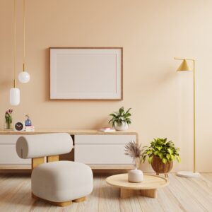 mockup poster frame in modern interior background with armchair and accessories in the room.